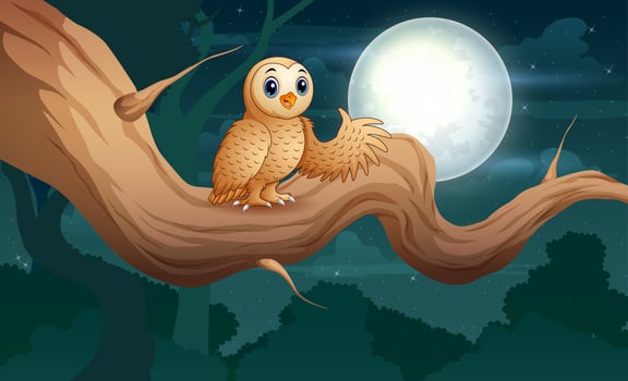 Owl sitting on tree branch at night illustration vector