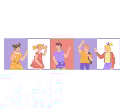 Happy children boys and girls waving hands, flat vector illustration isolated on white background. Smiling little kids in casual clothing with greeting gesture.