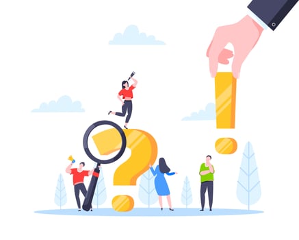 Q and A or FAQ concept with tiny people characters, big question mark, frequently asked questions template. vector