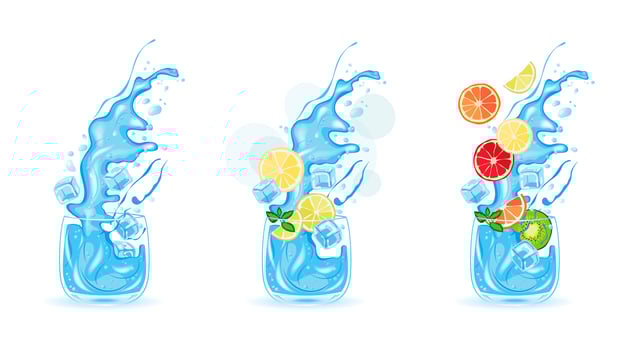 Glass of water, ice water, fruit cocktail, citrus. Vector illustration of drink, food