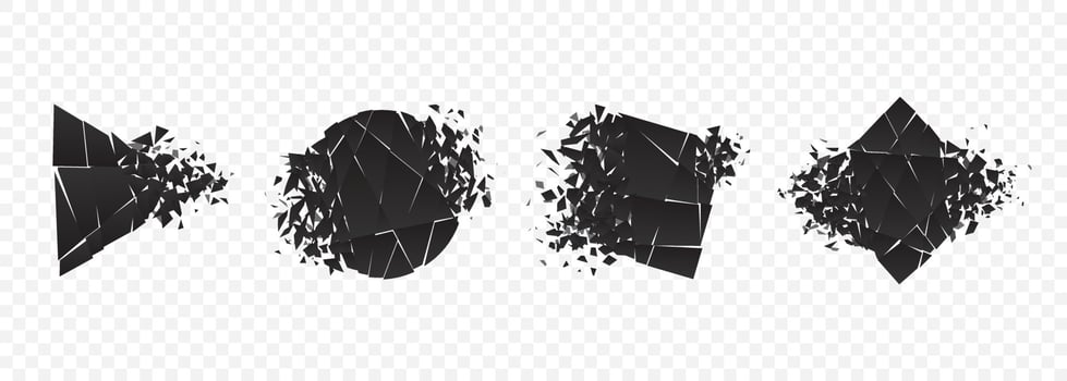 Shape explosion broken and shattered flat style design vector illustration set isolated on transparent background.