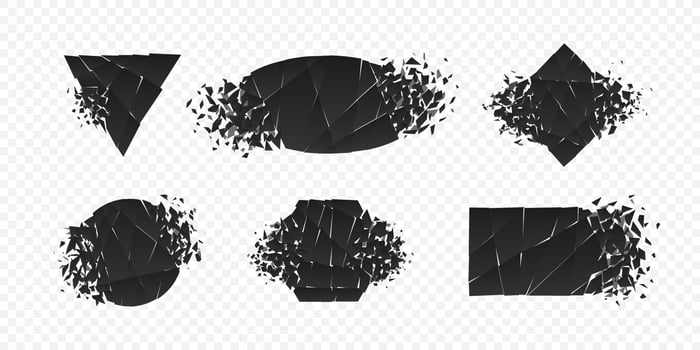 Shape explosion broken and shattered flat style design vector illustration set isolated on transparent background.