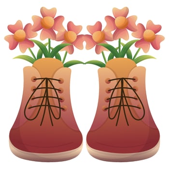 Boots with spring bouquet of flowers with leaves. Vector hand drawn isolated illustrations. Flat cartoon style.