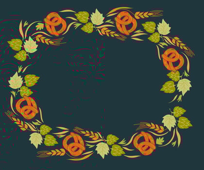 Frame  or oval border for Oktoberfest traditional beer festival with pretzels, wheat and hop leaves, cartoon vector illustration isolated. Bavarian autumn event's flyer or poster design element