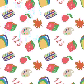 Seamless hand drawn pattern with colorful back to school on white background. Vector education illustration.