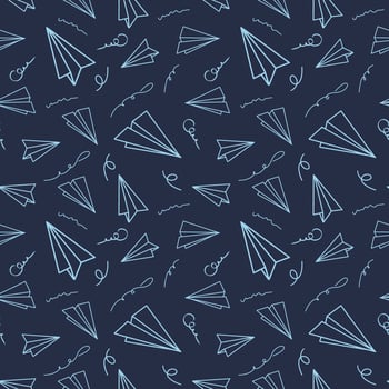 Vintage design with paper airplane seamless pattern on dark blue background. Vector cartoon illustration. Modern color origami wallpaper, abstract backdrop.