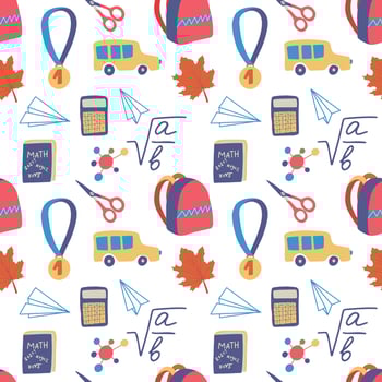 Seamless hand drawn pattern with colorful back to school on white background. Vector education illustration.