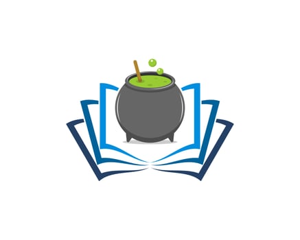 Open book pages with witch pot illustration logo vector
