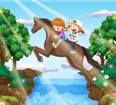 A scene of girl and friend riding on a horse vector