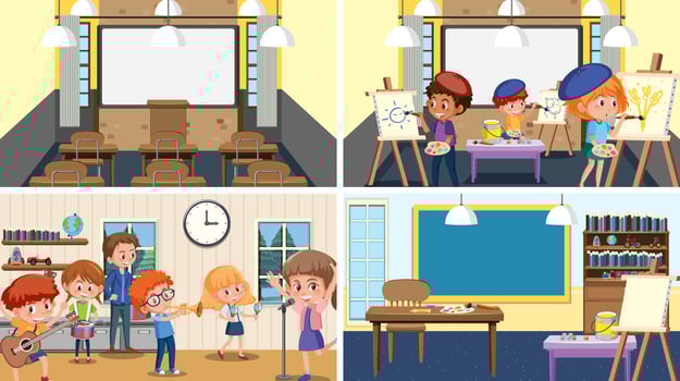 Set of student in the classroom scene vector