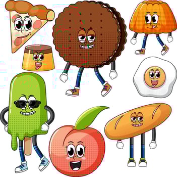 Set of facial expression with vintage style food cartoon on white background vector