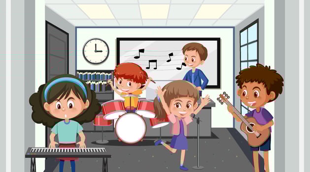 School music classroom with student kids vector