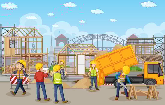 Building construction site with workers vector