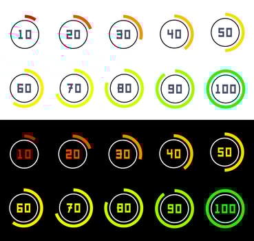 Circles with percentage from ten to hundred. Numbers in circular shapes 10, 20, 30, 40, 50, 60, 70, 80 and 100 numbers with gradient circle. vector