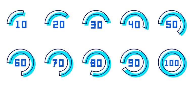 Hi tech vector circle percentage from ten to hundred. From 10 to 100 percent in circle icon set, infographic progress modern design elements