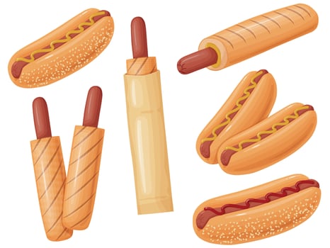 Hot Dog set. Illustration fast food in cartoon style. Sausage in a bun with mustard. vector