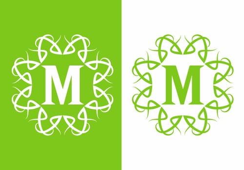 Green white of M initial letter in unique frame vector