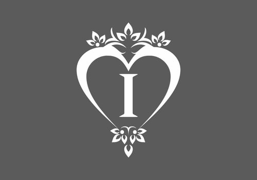 Grey white i initial letter in love shape classic frame vector