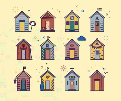 Set of beach hut icons, flat line style, colored. vector