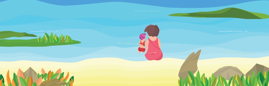 Seascape vector illustration graphic design background with people, beach paper 3d, EPS10
