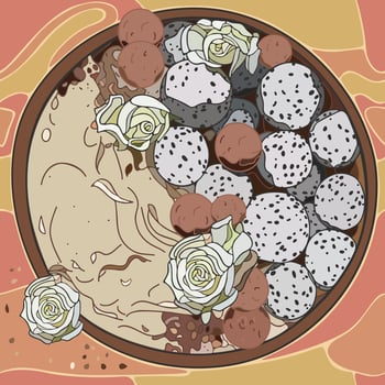 Flat lay Smoothie bowl, Acai bowl with cacoa truffles, dragon fruit and white roses. Healthy breakfast. Great for Spring or Summer backgrounds, card, banner. Vector