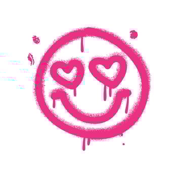 Girlish Graffiti emoticon. Pink smiling face painted by spray paint. Emoji with heart shaped eyes. Vector hand drawn grunge illustration