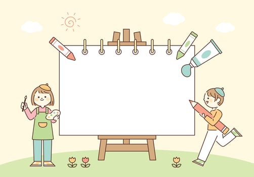 A large sketchbook is on the easel. Children are standing around with art tools. vector