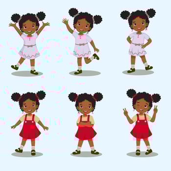 little African girl with hands and legs gestures in different standing poses, such as raising hands, waving, hand on the hip, crossed arm and standing with one leg vector