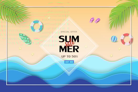 Summer sale background with paper cut tropical beach and equipment on sand beach,design for poster,web banner,voucher discount or shopping promotion vector