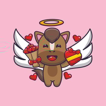 cute horse cupid cartoon character holding love gift and love bouquet vector