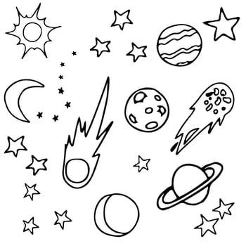 set of doodles international space day. black and white vector illustration.