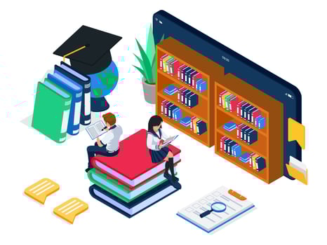 Student reading book in online library on smarhphone, e-learning illustration concept. Male and Female do online learning together. Vector