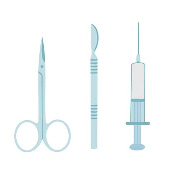 Medical tools set, surgical equipment , scalpel, scissors and syringe. Illustration for printing, backgrounds, covers, packaging, posters and stickers. Isolated on white background. vector