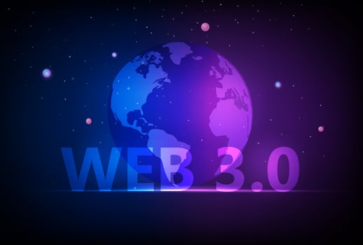 Web 3.0 concept, web 3.0 typography on blue background, new version website using blockchain technology, cryptocurrency, and NFT art. Vector illustration