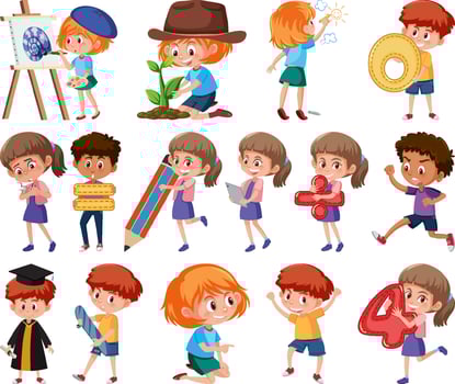 Set of children doing different activities on white background vector