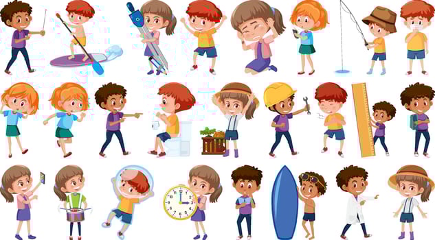 Set of children doing different activities on white background vector