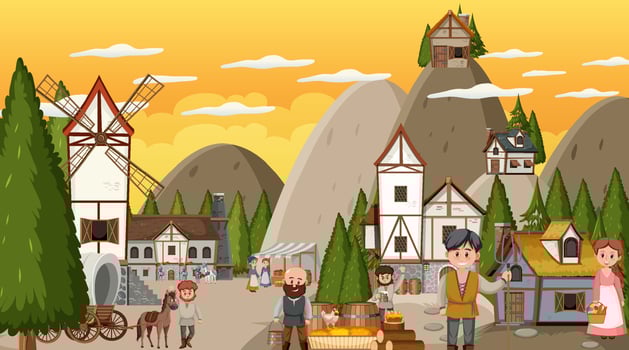 Medieval town scene with villagers vector
