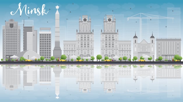 Minsk skyline with grey buildings and blue sky. vector