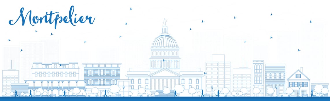 Outline Montpelier Vermont city skyline with blue buildings. vector