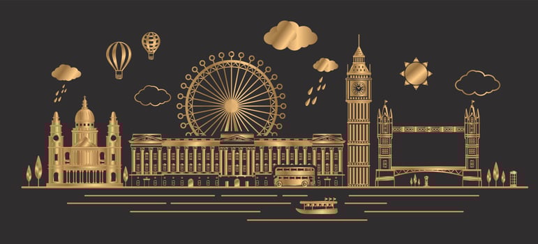 Vector. gold color London, England and United Kingdom Landmarks Skyline, Famous Place, Travel and Tourist Attraction vector