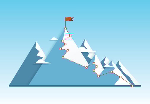 Business concept. Goal achievement, success, winning. Flag on the mountain peak. Vector illustration