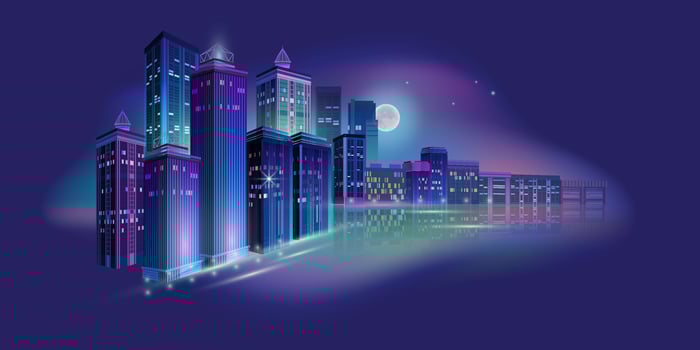 Night City Panorama with Neon Glow on Dark Background. Vector. vector