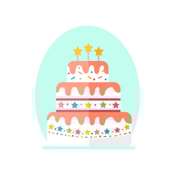 Three-tiered cake. White cake with pink cream, bright sprinkles in the form of stars, circles and sticks. There are three stars on top. Festive birthday biscuit. Vector illustration, flat