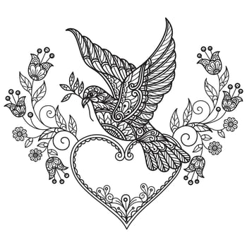 Dove and flower hand drawn for adult coloring book vector