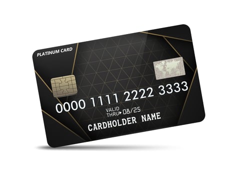 Detailed glossy platinum credit card with wavy neon light decoration, isolated on white background. Vector Illustration