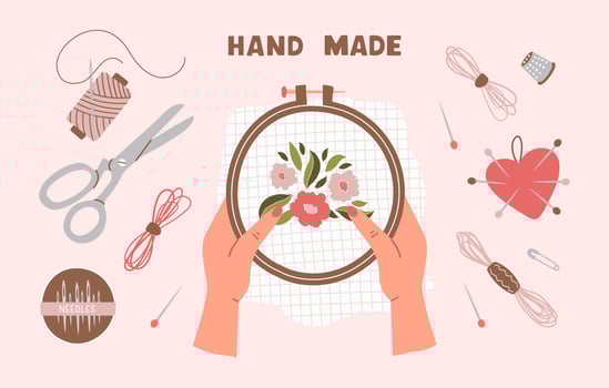 Female hands holding embroidery hoop with floral embroidery. Trendy vector hand drawn set of tools for embroidery. All objects isolated