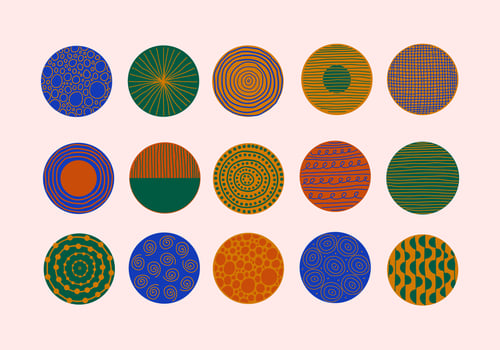 Modern abstract set colorful round shapes with lines, circles, dots, drops. Contemporary vector hand drawn illustration