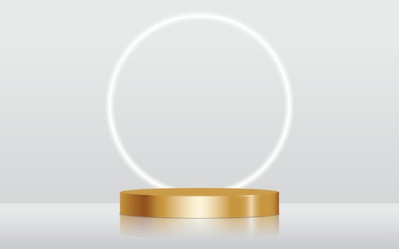 Realistic Golden chrome blank product podium scene isolated with round neon light on grey background. gold cylinder mock up scene. Geometric metallic round shape for product branding. 3d illustration vector