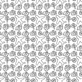 Travel vacation set of icons, journey and trip background. Doodle summer travel icons. Summer seamless pattern. travel icons on white background. Vacation vector pattern with travel icons