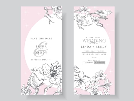 Wedding invitation cards with cherry blossom line art vector